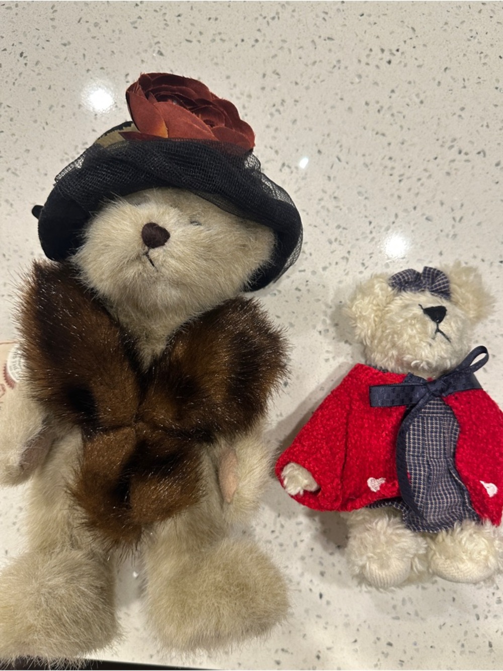 Boyds Bears Beige Bear with Brown Fur Stole & Black Hat; White Bear in Red Coat